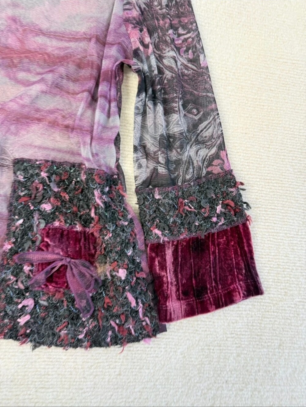 Y2K Gothic Purple Long Sleeve Sheer Floral Mesh  Patchwork Top Size M/ US 8-10 - Picture 10 of 17